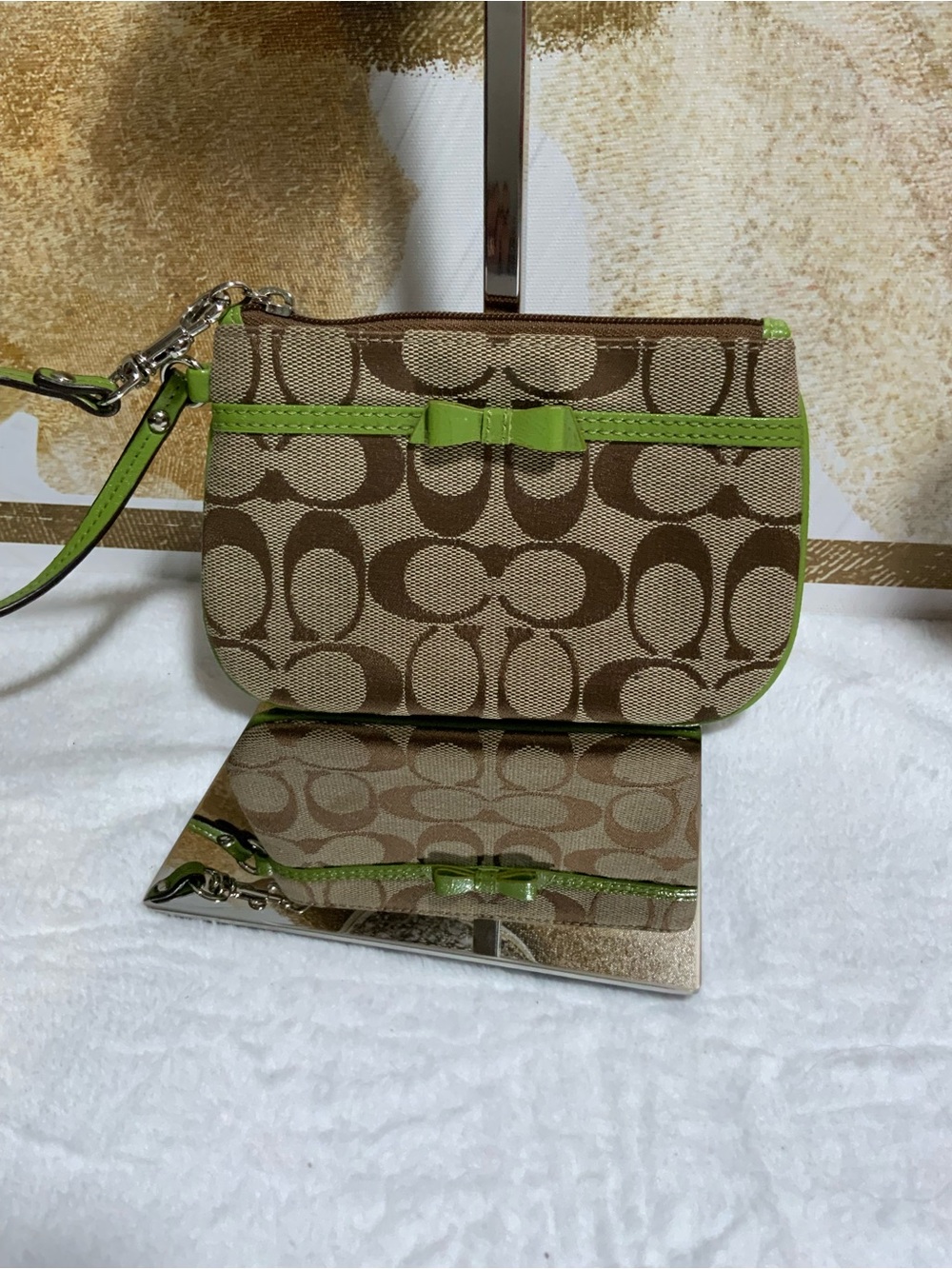 Coach Brown Signature Canvas Wristlet with Lime Trim